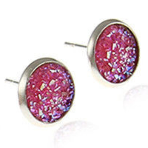 Hot Pink Druzy Stud Earrings - Picture 4 of 5